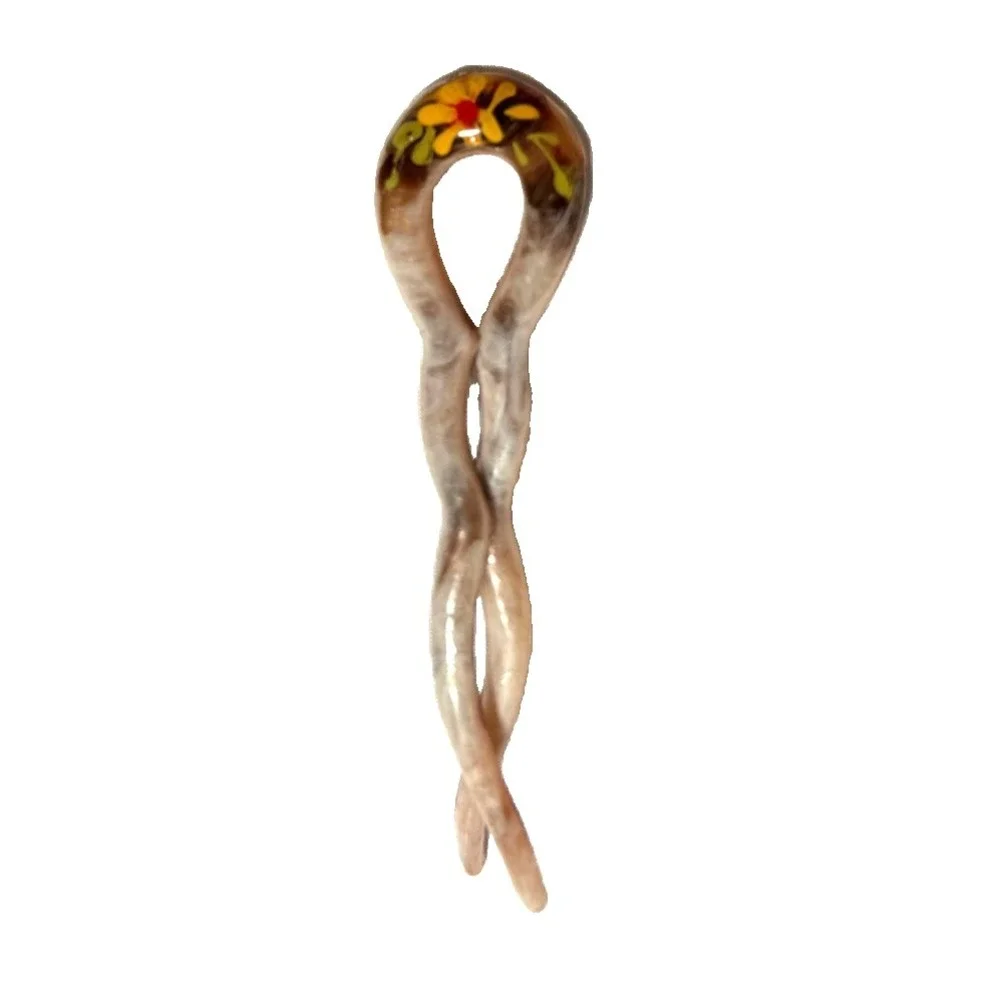 Vintage Mid-Century French Hair Pin Hand-Painted Floral Celluloid Lucite U-Pin